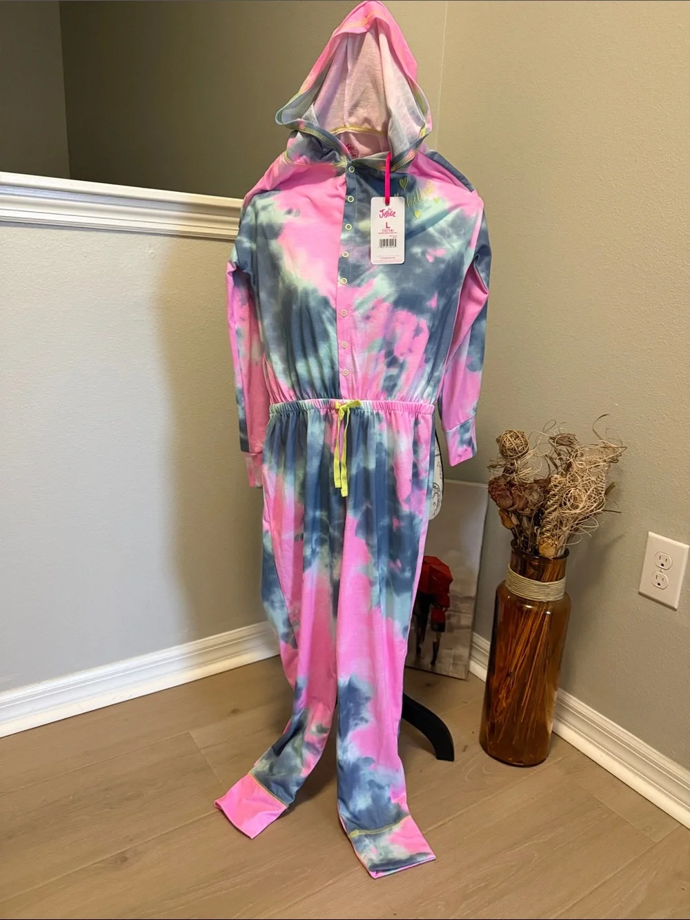 Justice Girls Tie-Dye Hooded Onesie - Pink, Blue, Yellow